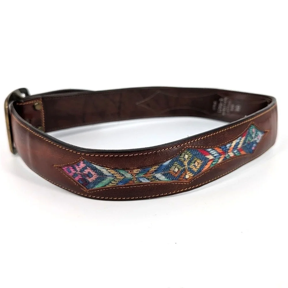 Vintage Leather Belt Lattigo Geometric Colorful Embroidered Inlay Brass 30